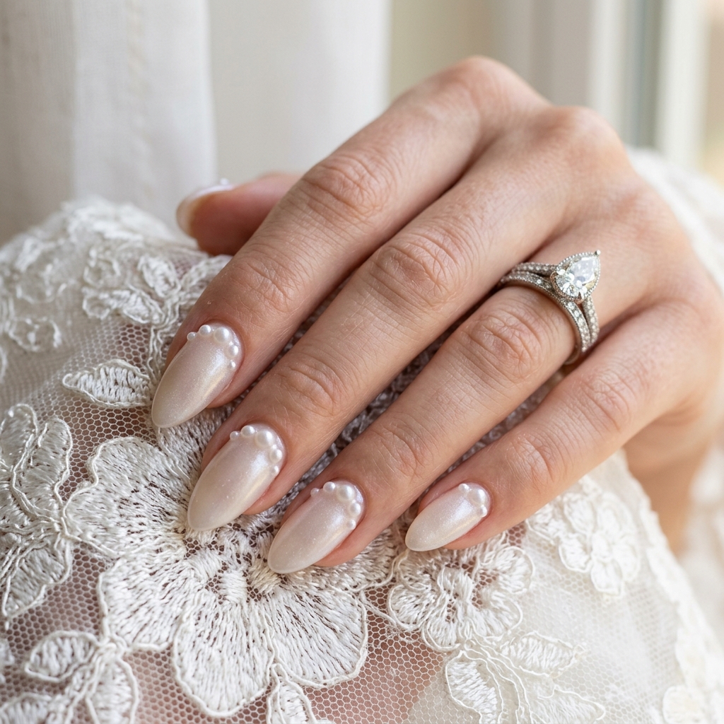 Atakum gelin tırnağı Bridal Pearl Sparkle tasarımı - Sedef tozu ve zarif inciler içeren özel tırnak sanatı