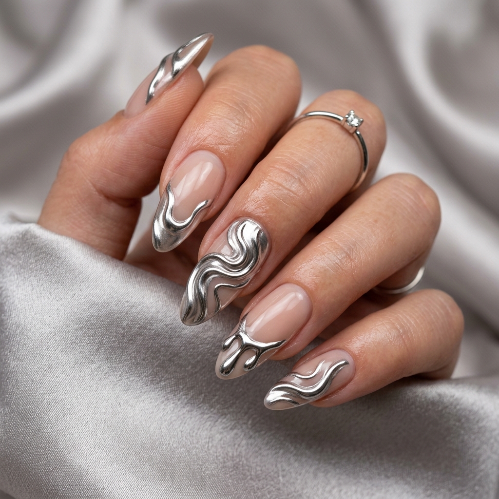 Atakum protez tırnak Metallic Liquid Silver tasarımı - 3D boyutlu metalik gümüş jel sanatı